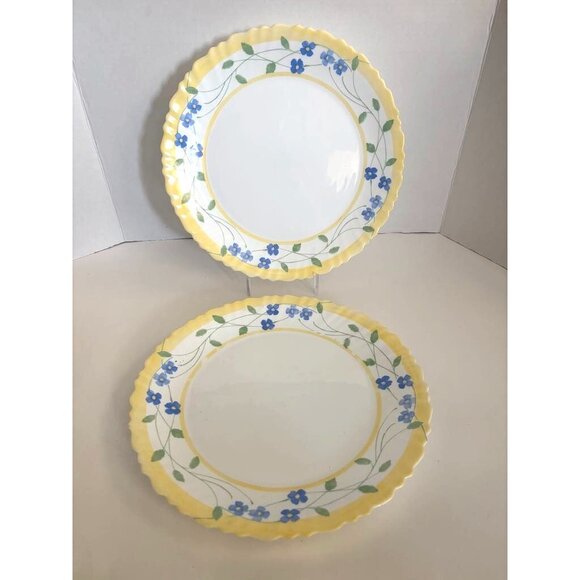ARCOPAL France Feston Pensea LARGE 12" Round Plates Set of 2 Yellow Blue Fluted - Picture 1 of 5